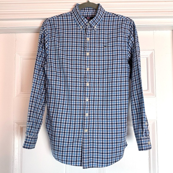 Vineyard Vines Other - Vineyard Vines Boy’s Blue Grey Checkered Plaid Whale Long Sleeve Shirt Large 16
